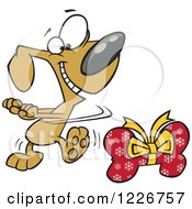 Cartoon Happy Christmas Dog Doing A Happy Dance By A Bone Gift