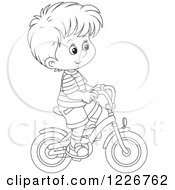 Clipart Of An Outlined Happy Boy Riding A Bike Royalty Free Vector Illustration