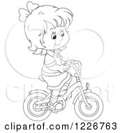 Clipart Of An Outlined Happy Girl Riding A Bike Royalty Free Vector Illustration