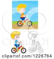 Clipart Of An Outlined And Colored Happy Boy Riding A Bike Royalty Free Vector Illustration