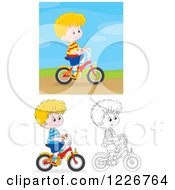 Poster, Art Print Of Outlined And Colored Happy Boy Riding A Bike