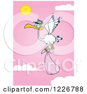 Poster, Art Print Of Stork Flying With A Pink Girl Bundle Against A Sky