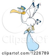 Clipart Of A Stork Flying With A Blue Boy Bundle Royalty Free Vector Illustration by Hit Toon
