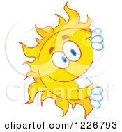 Poster, Art Print Of Cheerful Sun Mascot Looking Around A Sign