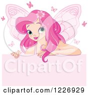 Clipart Of A Pink Haired Fairy And Butterflies Over A Sign Royalty Free Vector Illustration
