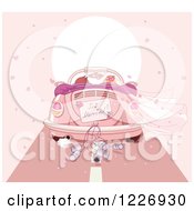 Clipart Of A Couple Driving Away In A Pink VW Slug Bug Wedding Car With A Just Married Sign Royalty Free Vector Illustration