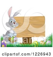 Poster, Art Print Of Gray Bunny Rabbit With A Basket Of Easter Eggs By A Wood Sign