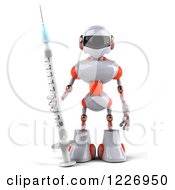 Clipart Of A 3d White And Orange Male Techno Robot With A Vaccine Syringe Royalty Free Illustration