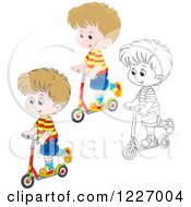 Poster, Art Print Of Outlined And Colored Happy Boy Riding A Scooter