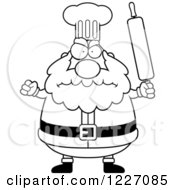 Clipart Of A Black And White Mad Chef Santa Holding Up A Rolling Pin Royalty Free Vector Illustration