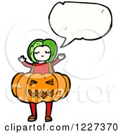 Clipart Of A Talking Girl In A Pumpkin Costume Royalty Free Vector Illustration by lineartestpilot