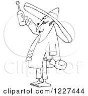 Clipart Of An Outlined Mexican Man Wearing A Sombrero And Toasting Royalty Free Vector Illustration