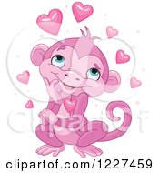 Clipart Of A Cute Pink Valentine Monkey With Hearts Royalty Free Vector Illustration by Pushkin