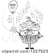 Clipart Of A Black And White Cupcake With A Baby Boy Balloon Royalty Free Vector Illustration