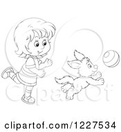 Clipart Of An Outlined Girl And Puppy Dog Playing With A Ball Royalty Free Vector Illustration