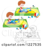 Clipart Of Outlined And Colored Birds Watching Boys Play In Sand Boxes Royalty Free Vector Illustration by Alex Bannykh