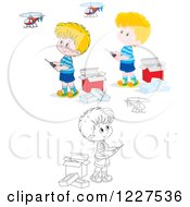 Poster, Art Print Of Outlined And Colored Boys Playing With Remote Controlled Helicopters