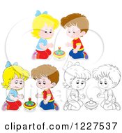 Poster, Art Print Of Outlined And Colored Boys And Girls Playing With Toy Tops