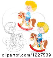 Clipart Of Outlined And Colored Boys Playing On Rocking Horses Royalty Free Vector Illustration