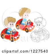 Clipart Of Outlined And Colored Boys Playing In Toy Cars Royalty Free Vector Illustration