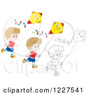 Clipart Of Outlined And Colored Boys Flying Kites Royalty Free Vector Illustration