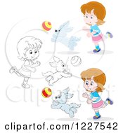 Clipart Of Outlined And Colored Girls And Dogs Playing With A Ball Royalty Free Vector Illustration