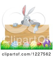 Poster, Art Print Of Gray Bunny Over A Wood Sign And Easter Eggs