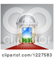 Clipart Of A Red Carpet Leading To A Doorway With Sunshine Royalty Free Vector Illustration by AtStockIllustration