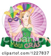 Poster, Art Print Of Happy Mardi Gras Girl With A Mask Over A Banner And Rays