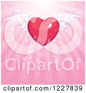 Clipart Of A Red Winged Heart Over Pink Rays And Sparkles Royalty Free Vector Illustration by Pushkin
