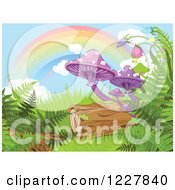 Rainbow Over Mushrooms Ferns And A Log In A Fantasy Forest