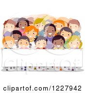 Poster, Art Print Of Happy Diverse Children In Rows Behind A Banner Sign