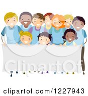 Poster, Art Print Of Happy Diverse Children And Adults In Rows Behind A Banner Sign