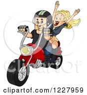 Clipart Of A Happy Woman Riding With Her Biker Boyfriend Royalty Free Vector Illustration