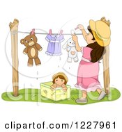 Poster, Art Print Of Brunette Girl Hanging Stuffed Animals On A Clothes Line