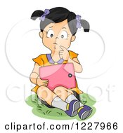 Clipart Of A Thoughtful Asian Girl Reading An E Book On A Tablet Computer Royalty Free Vector Illustration