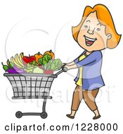 Poster, Art Print Of Happy Woman Pushing A Shopping Cart Full Of Produce