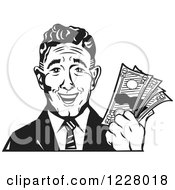 Clipart Of A Black And White Retro Business Man Holding Cash Money Royalty Free Vector Illustration by Andy Nortnik