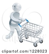 Poster, Art Print Of 3d Silver Man Pushing A Shopping Cart