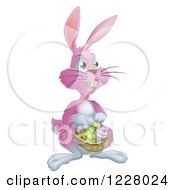 Clipart Of A Pink Bunny Rabbit With A Basket Of Easter Eggs Royalty Free Vector Illustration
