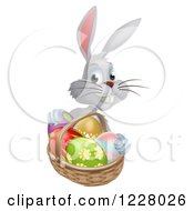 Clipart Of A Gray Bunny Rabbit With A Basket Of Easter Eggs Royalty Free Vector Illustration