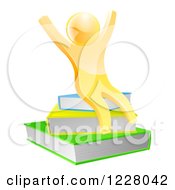 Poster, Art Print Of 3d Gold Person Cheering And Sitting On A Stack Of Books