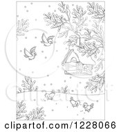 Clipart Of Outlined Birds Around A Feeder On A Winter Day Royalty Free Vector Illustration