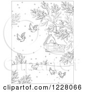 Poster, Art Print Of Outlined Birds Around A Feeder On A Winter Day