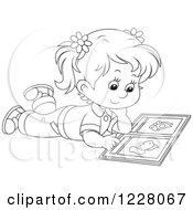 Clipart Of An Outlined Girl Reading A Picture Book Royalty Free Vector Illustration