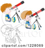 Poster, Art Print Of Outlined And Colored Boys Looking Through Telescopes