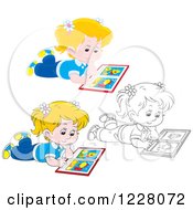 Clipart Of Outlined And Colored Girls Reading Picture Books Royalty Free Vector Illustration