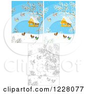 Clipart Of Outlined And Colored Birds Around Feeders On A Winter Day Royalty Free Vector Illustration
