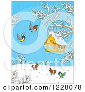 Clipart Of Birds Around A Feeder On A Winter Day Royalty Free Vector Illustration