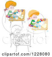 Clipart Of Outlined And Colored Boys Painting Easter Eggs Royalty Free Vector Illustration